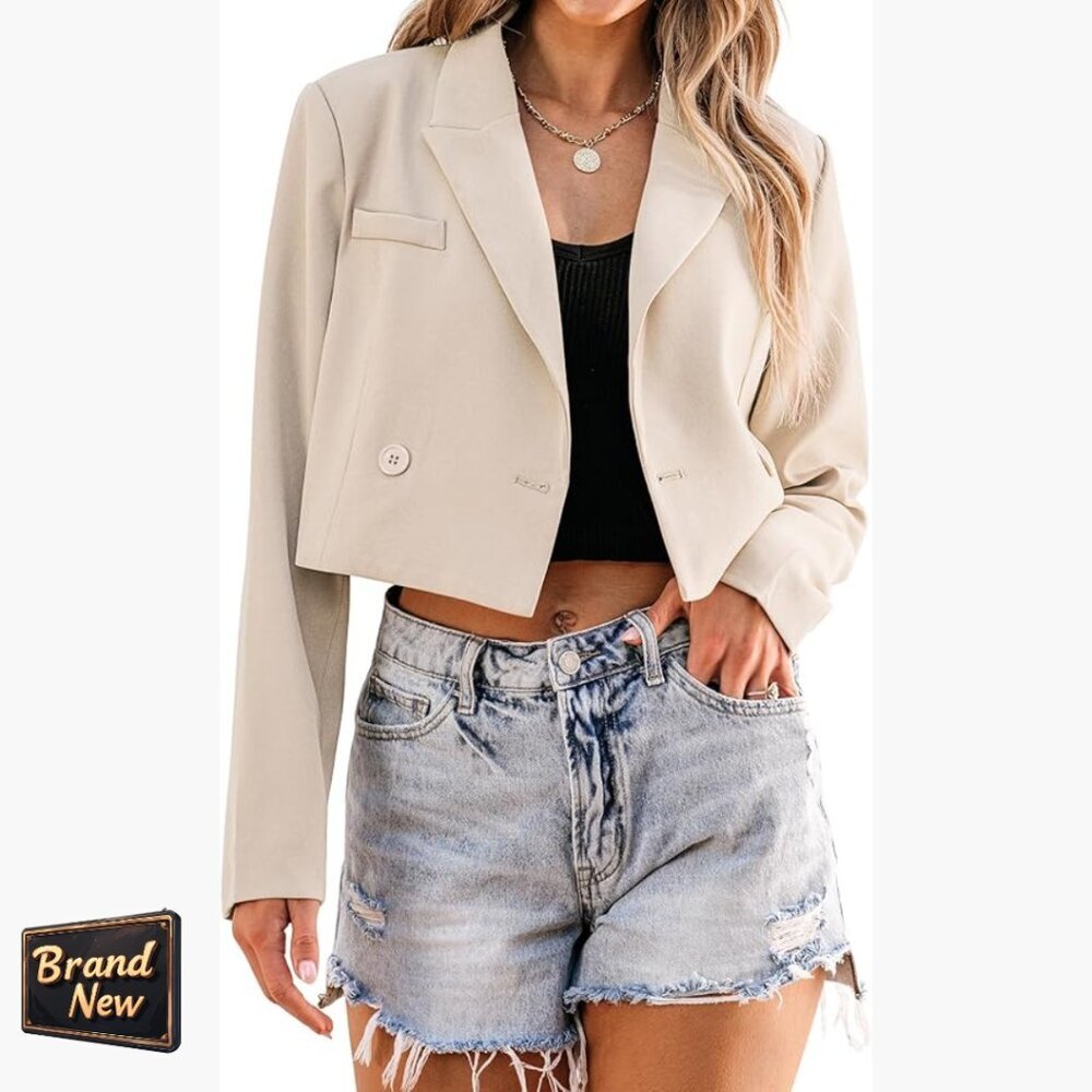 Cropped Blazer Women's Business Casual Oversized Open Front Long Sleeve